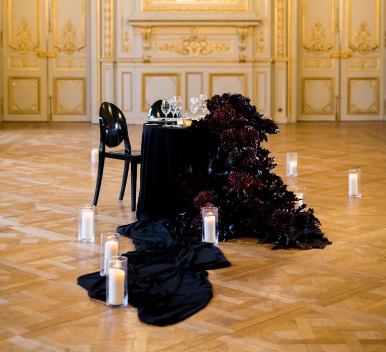 Intimate Wedding Breakfast for Two with Black Table Cloth, Chair and  Wedding Flowers