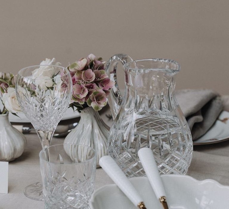 Crystal watering jug and tubers plus serving bowl