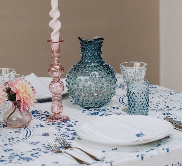 Coloured glass jug and tumblers