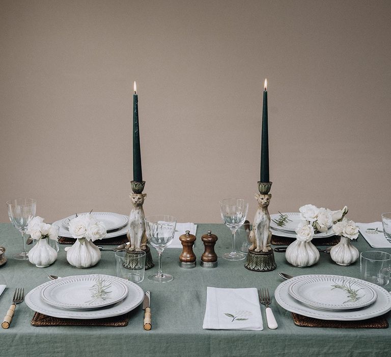 Green, brown and white tablescape