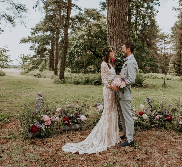 Pink wedding flowers at woodland wedding in Norfolk