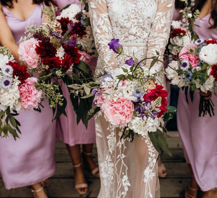 Pink wedding bouquets and dresses for bridesmaids