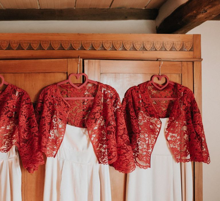 Bridesmaid dresses with red lace cover-ups