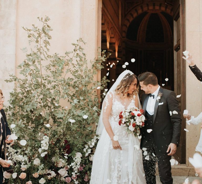 Confetti exit for bride and groom at destination wedding