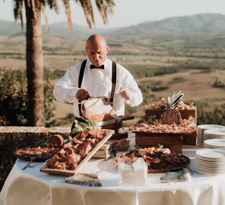 Wedding food table at Tuscany celebration