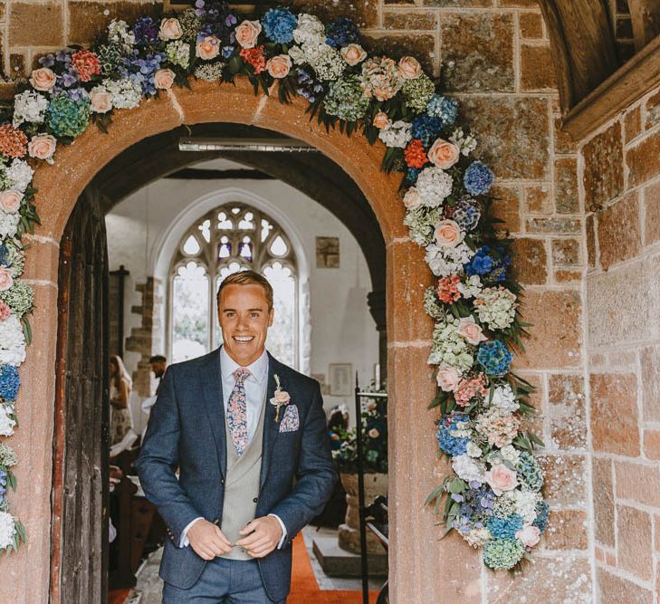 Floral Church Entrance Wedding Flower Arch Made up of Pastel Pink and Blue Hydrangea Flowers