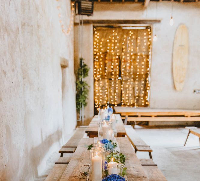 Blue Hydrangea and Candle Wooden Table Centrepieces