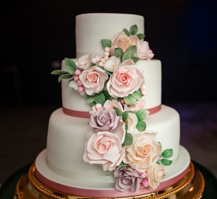 Romantic Royal Icing Wedding Cake with Cascading Rose Decor