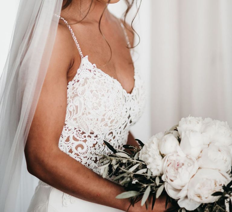 Bride dress lace and beading detail in Tuscany