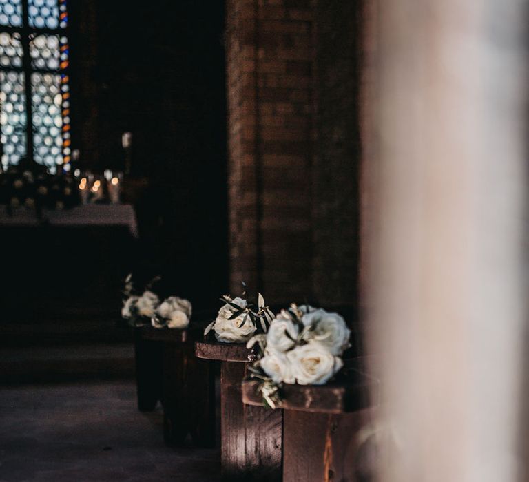 White wedding flowers at church for Italian wedding