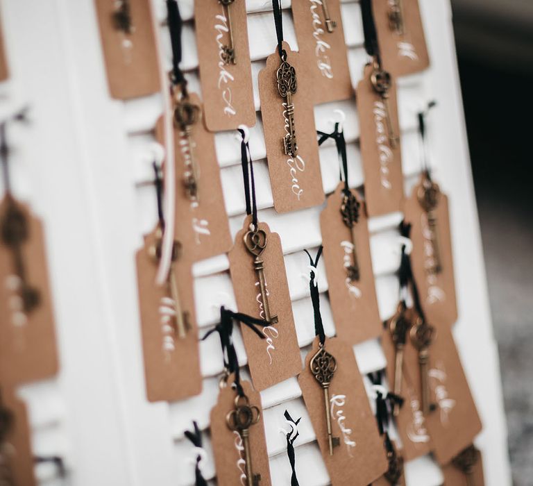 Wedding table plan with vintage keys for black and white wedding