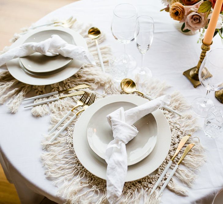 Macrame Table Mat For Wedding // Environmentally Conscious Wedding Venue Casterley Barn In Wiltshire Organic Working Farm Stylish Barn Wedding Venue Images Lydia Stamps