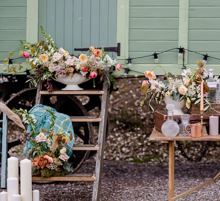 Shepherds Hut Bar For Wedding // Environmentally Conscious Wedding Venue Casterley Barn In Wiltshire Organic Working Farm Stylish Barn Wedding Venue Images Lydia Stamps