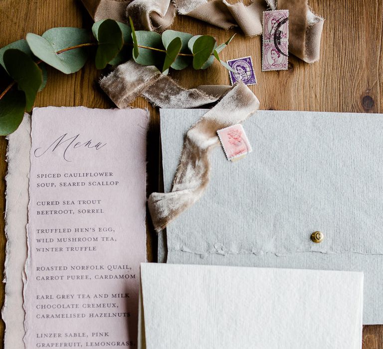 Pastel Wedding Stationery // Environmentally Conscious Wedding Venue Casterley Barn In Wiltshire Organic Working Farm Stylish Barn Wedding Venue Images Lydia Stamps