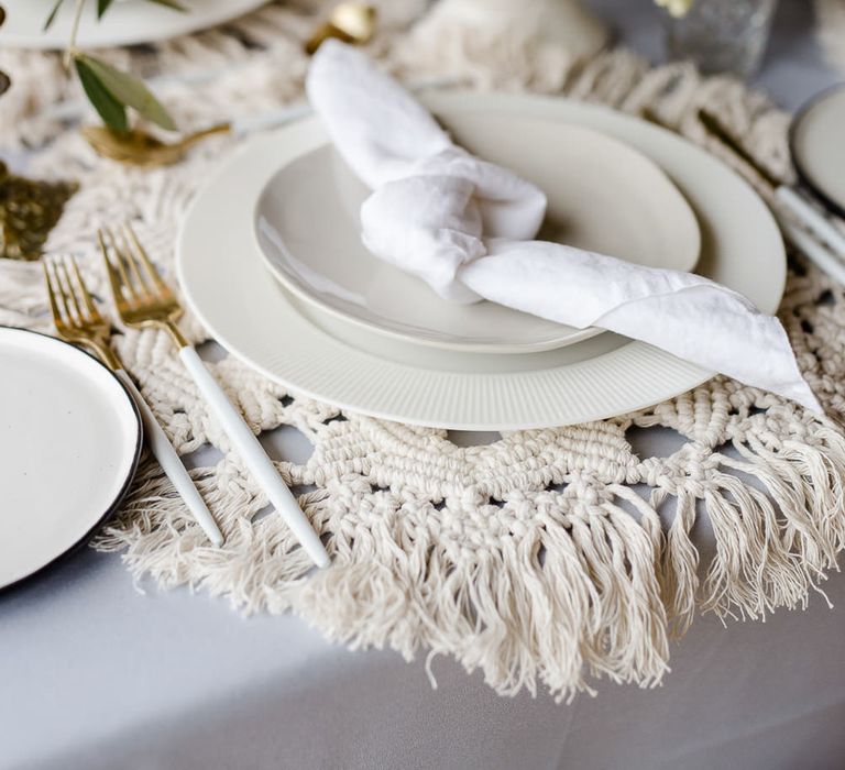 Macrame Place Mats For Wedding // Environmentally Conscious Wedding Venue Casterley Barn In Wiltshire Organic Working Farm Stylish Barn Wedding Venue Images Lydia Stamps