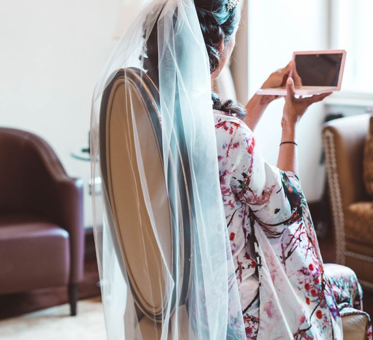 Wedding Morning Bridal Preparations with Bride in Floral Getting Ready Robe and Cathedral Length Veil