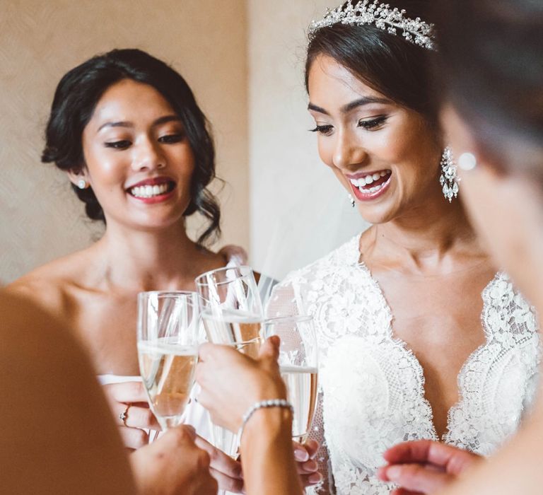 Wedding Morning Bridal Preparations with Bride and Bridesmaids Enjoying Champagne