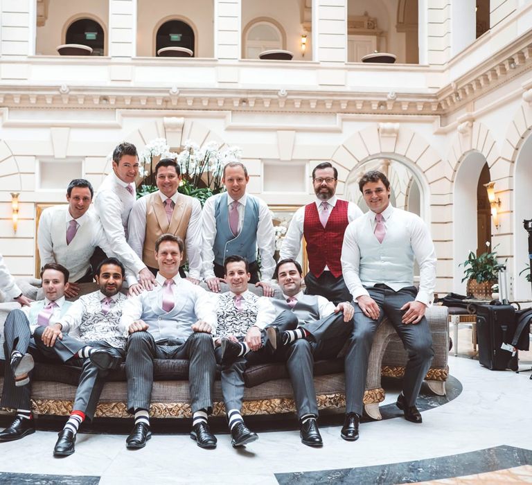 Groomsmen in Grey Suit Trousers, Waistcoats and Pink Ties