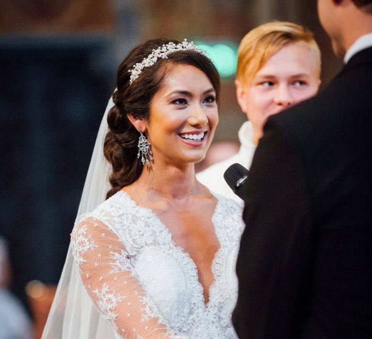 Wedding Ceremony with Bride in Pergola Rosa Clara Princess Wedding Dress Holding Hands with The Groom at the Altar