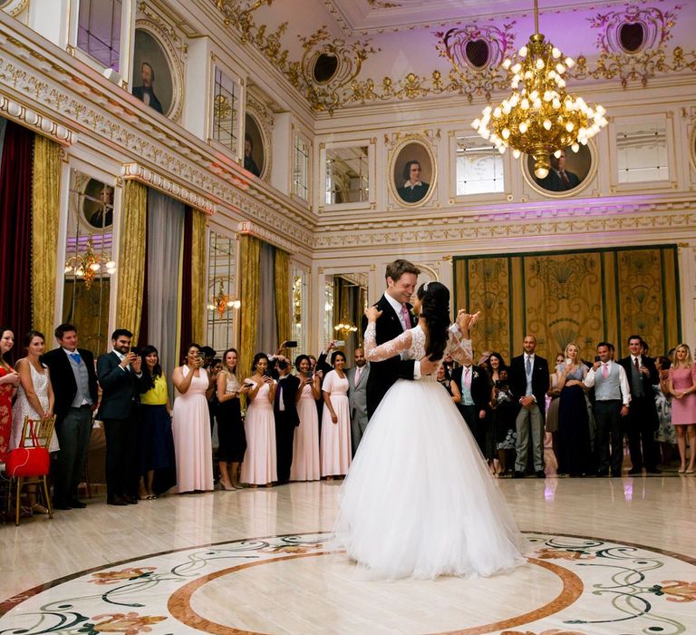 First Dance with Bride in Pergola Rosa Clara Princess Wedding Dress and Groom in Traditional Morning Suit