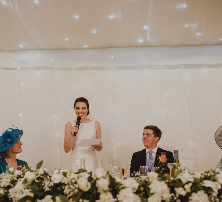 Bride giving a speech at Iscoyd Park wedding reception