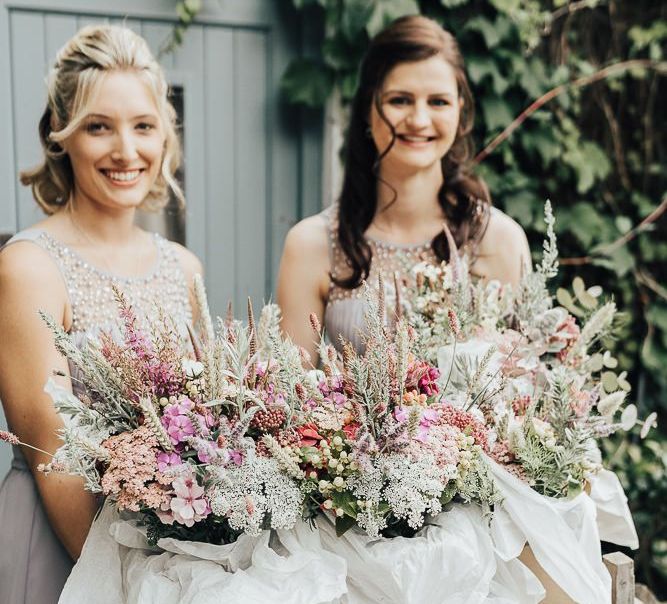 Pink wild flower wedding bouquets