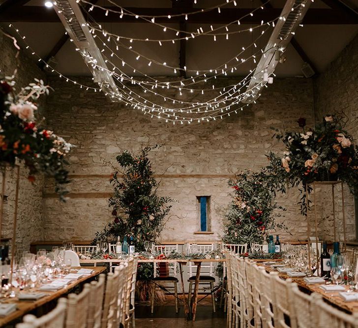 Barn wedding with fairy light canopy