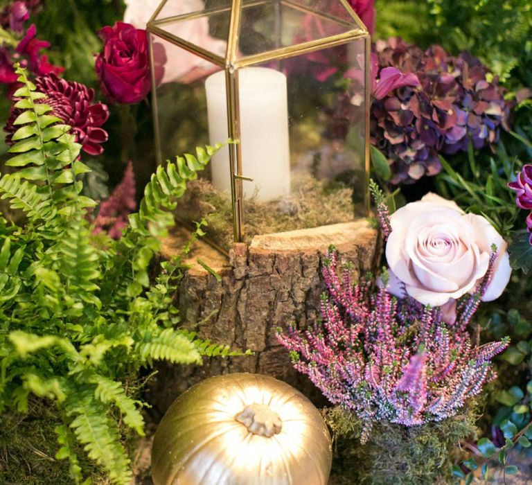 Tree Stump, Gold Spray Painted Terrarium and Pumpkins with Purple Wedding Flowers