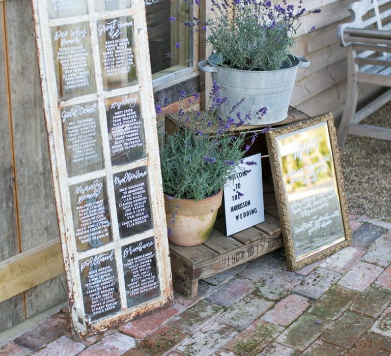 Window Pane Table Plan with Plant Pot Wedding Decor