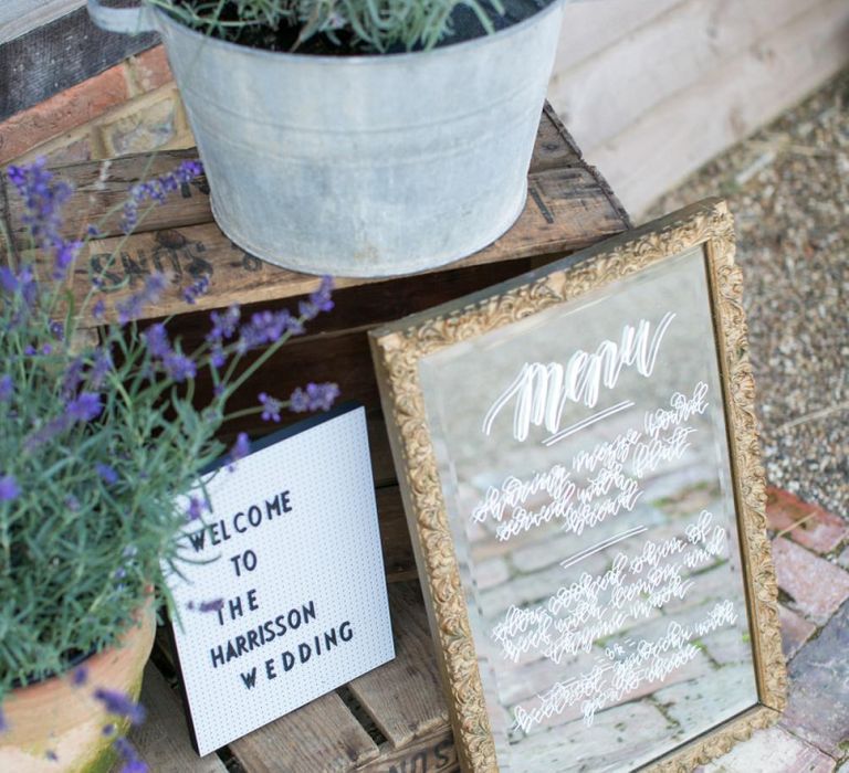 Mirror Menu Sign and Peg Board with Lavender Pots  Wedding Decor