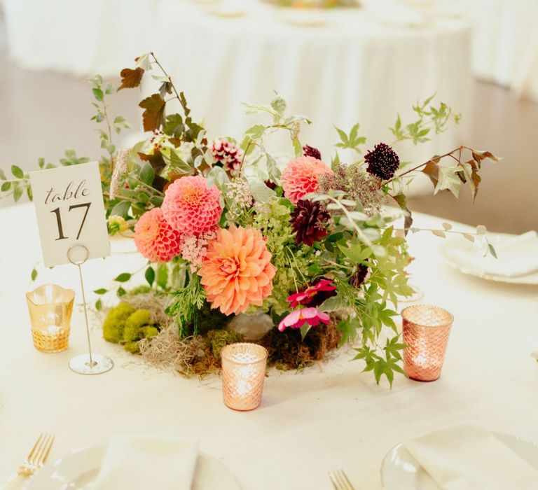 Pink and coral dahlia centrepiece flowers