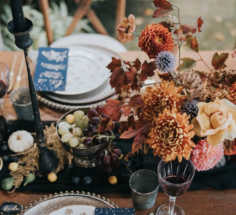 Autumn wedding table decor with celestial menu card