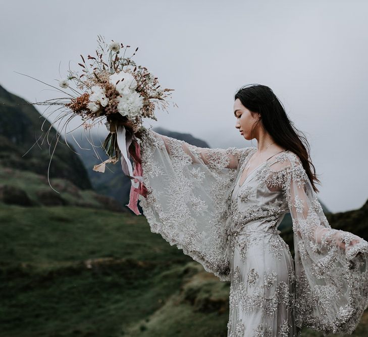 Embellished 'Astraea'  Ritual by Brooke Tyson Bridal Gown with Bell Sleeves | Celestial Vale Scottish Highlands Inspiraiton | Heavenly Blooms | Bonnie Jenkins Photography