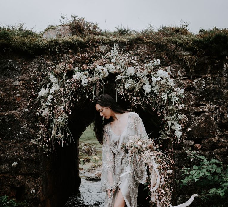 Romantic White &amp; Pink Floral Arch | Embellished 'Astraea'  Ritual by Brooke Tyson Bridal Gown | Celestial Vale Scottish Highlands Inspiraiton | Heavenly Blooms | Bonnie Jenkins Photography