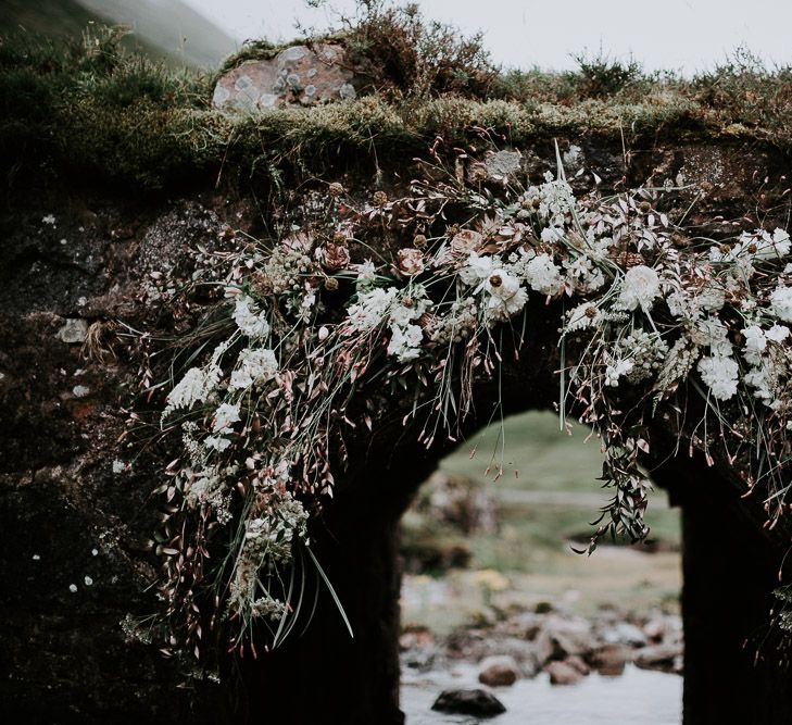 Romantic White &amp; Pink Floral Arch | Embellished 'Astraea'  Ritual by Brooke Tyson Bridal Gown | Celestial Vale Scottish Highlands Inspiraiton | Heavenly Blooms | Bonnie Jenkins Photography