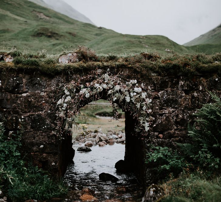 Romantic Blush Pink &amp; White Wedding Flower Arch | Embellished 'Astraea'  Ritual by Brooke Tyson Bridal Gown | Celestial Vale Scottish Highlands Inspiraiton | Heavenly Blooms | Bonnie Jenkins Photography