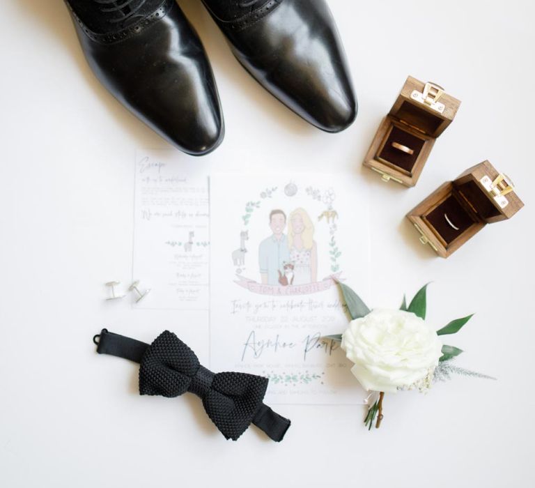 Groom details with illustrated wedding stationery