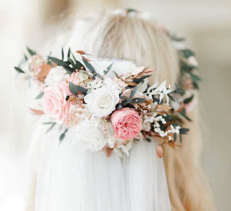 Pink wedding flower crown with veil for whimsical wedding