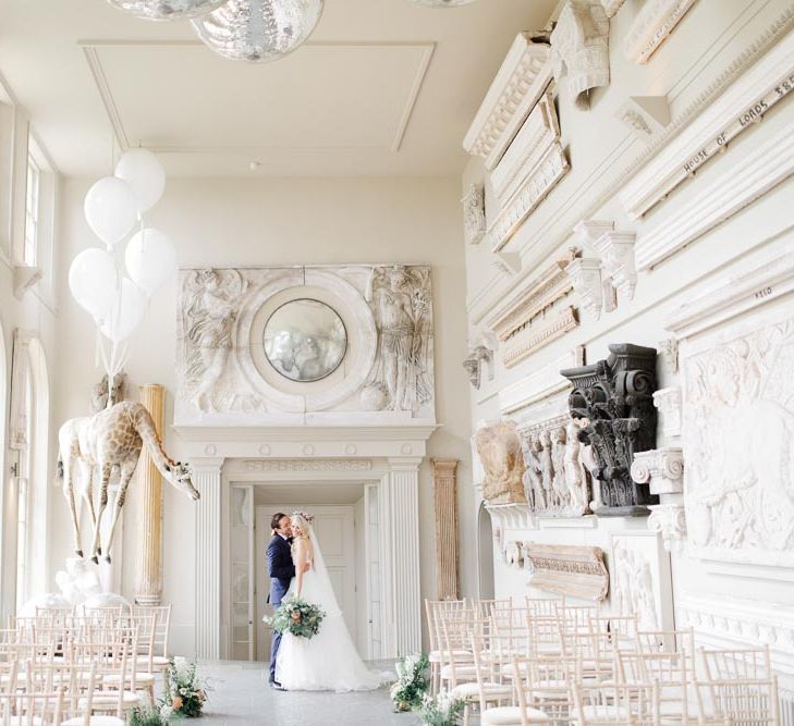 Bride and groom first look before ceremony at Aynhoe Park venue