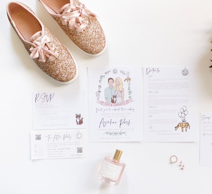 Wedding details with illustrated stationery and pink flower crown