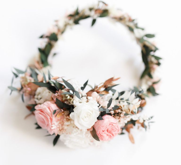 Pink flower crown for bride at whimsical wedding