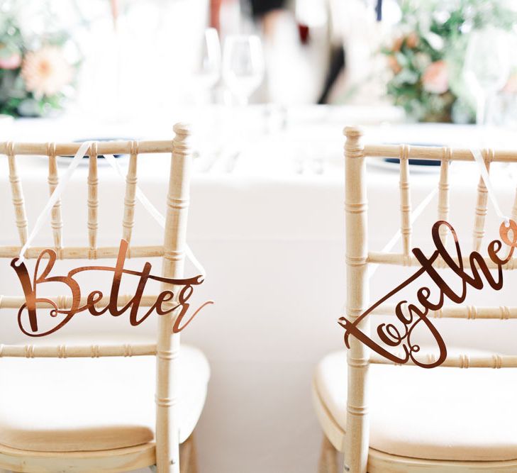 Wedding chair back decor with bride and groom signs