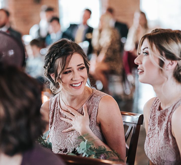 Emotional Bridesmaids in Mauve TFNC Halannah Dress during the Wedding Ceremony