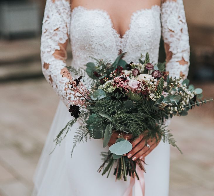 Foliage and Wild Flower Winter Bouquet with Bride in Lace Bardot Wedding Dress