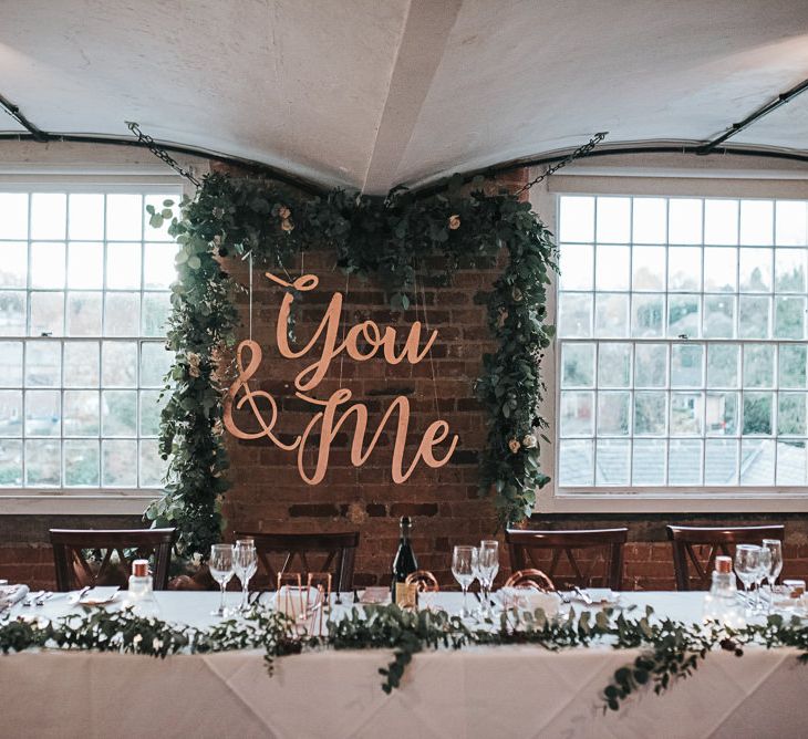 Giant Copper You &amp; Me Top Table Wedding Reception Banner at Industrial Venue The West Mill in Derbyshire