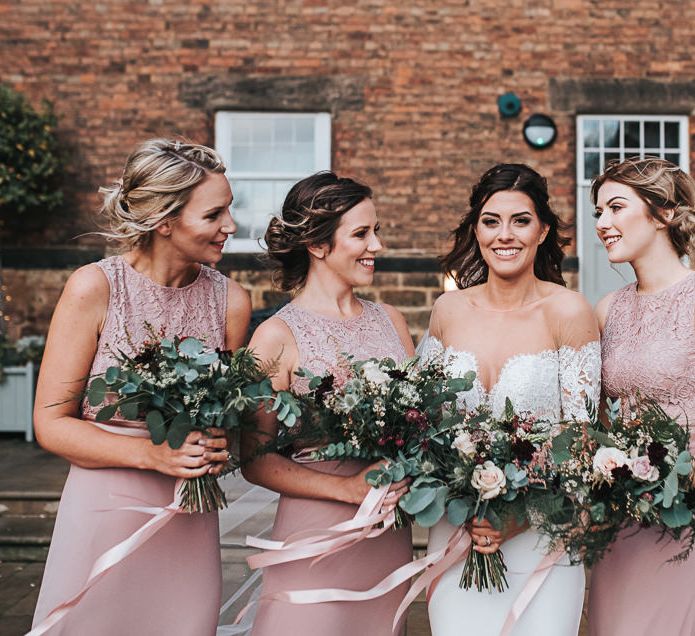 Bridal Party with Bridesmaids in Mauve Halannah TFNC Dresses and Bride in Lace Bardot Wedding Dress