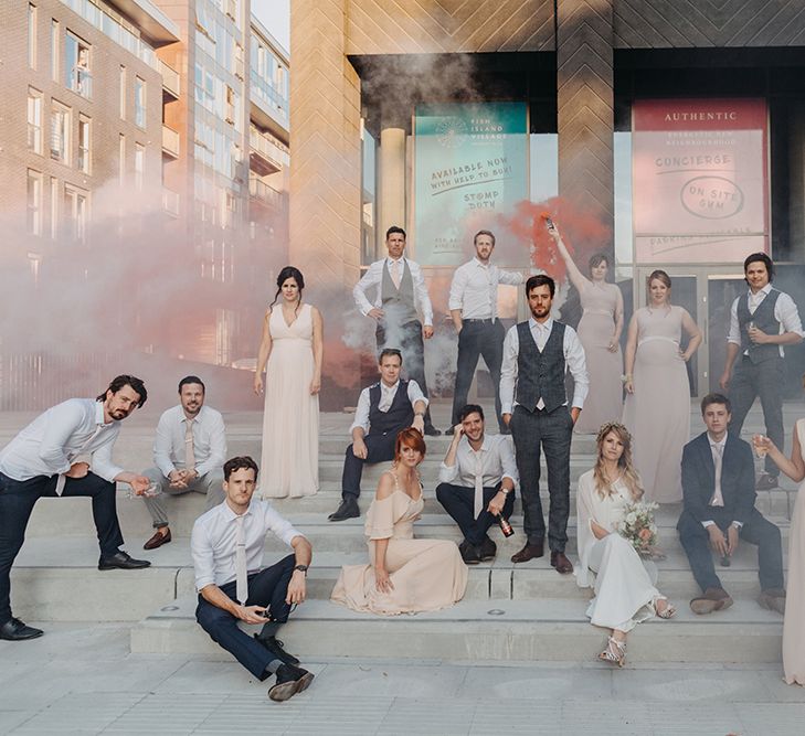 Peach and Grey Wedding Party Portrait with Smoke Bombs