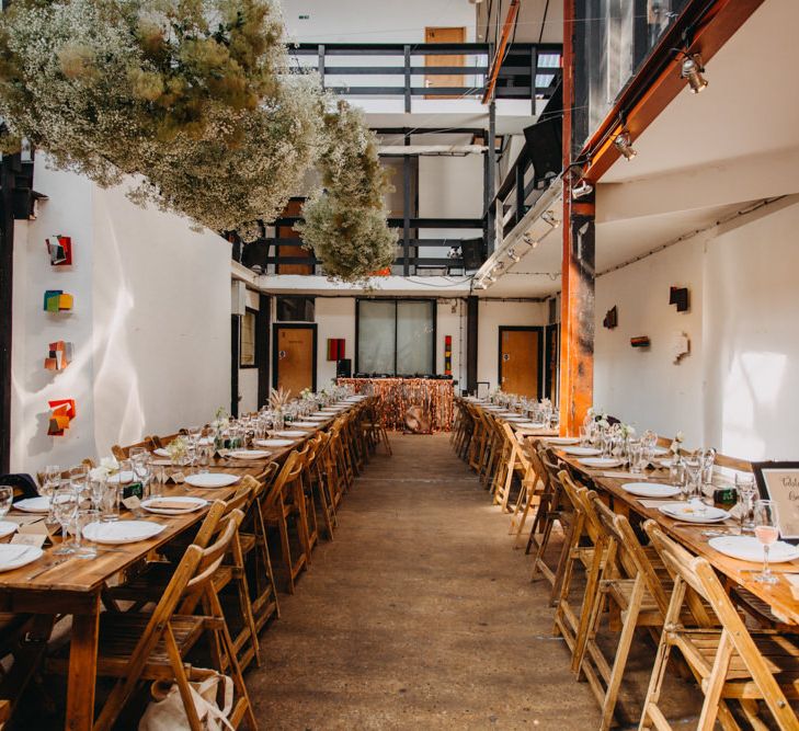 Wedding Reception at Stour Space, Hackney with Flower Cloud and Wooden Tables