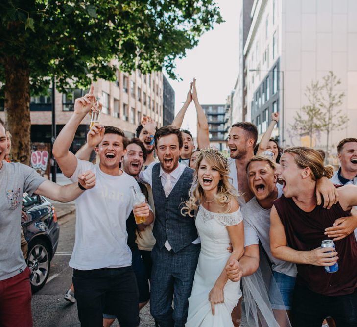 Bride and Groom Surrounded by Football Fans after England's 2-0 Victory against Sweden in the World Cup 2018