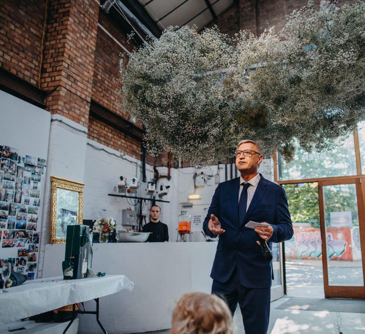 Father of the Bride Giving His Wedding Speech Under a Gypsophila Flower Cloud